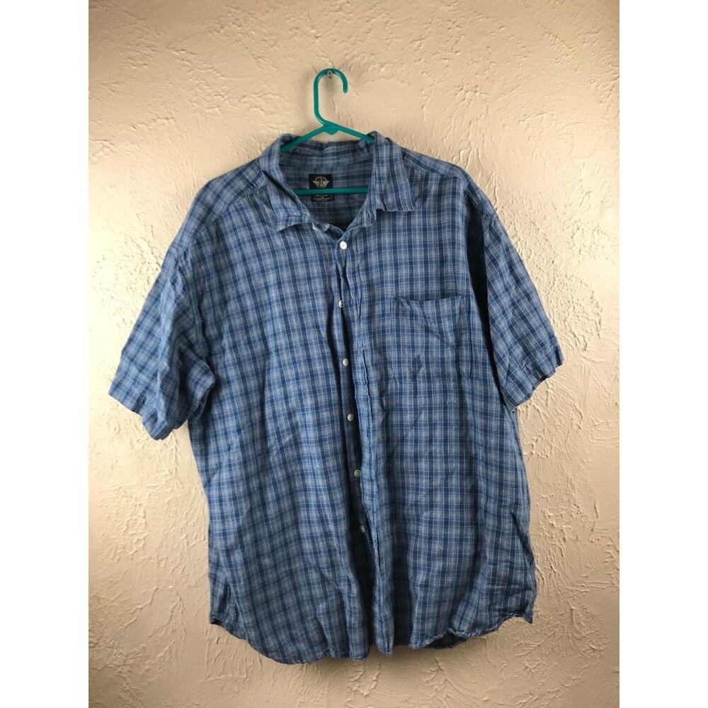 DOCKERS Mens Cotton Linen Short Sleeve Button Down‎ Shirt Blue Check Size XXL